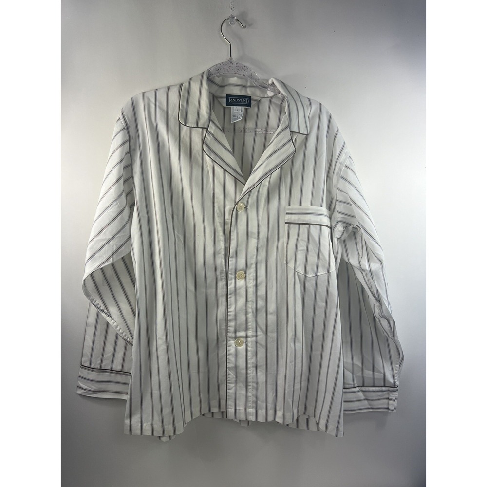 Land's End Lounge Pajama Top Women's Sz L White/Brown Stripe Long Sleeve